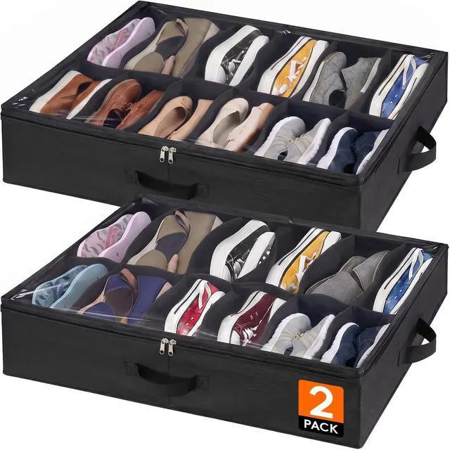 Main image of Under Bed Shoe Storage Organizer 2 Pack(12 Shoes Cells), 4.3 Inches Profile Fabric Shoes Container Box with Clear Cover, Foldable Storage Bag with 2 Handles, Fits 12 to 24 Pairs