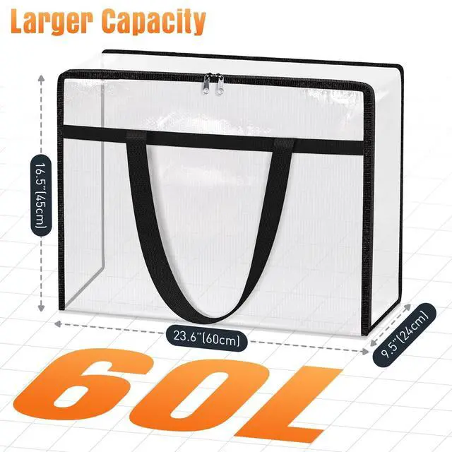 Alt view image 2 of 7 - 4 Packs 60L Clear Under Bed Storage Containers, Large Clothes Storage Bags | Heavy Duty Large Capacity Foldable Moving Bags with Sturdy Handles, Clothing Organizer Totes for Bedding Comforter Sheet