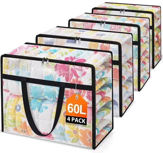 Main image of 4 Packs 60L Clear Under Bed Storage Containers, Large Clothes Storage Bags | Heavy Duty Large Capacity Foldable Moving Bags with Sturdy Handles, Clothing Organizer Totes for Bedding Comforter Sheet