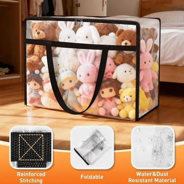 Alt view image 3 of 7 - 4 Packs 60L Clear Under Bed Storage Containers, Large Clothes Storage Bags | Heavy Duty Large Capacity Foldable Moving Bags with Sturdy Handles, Clothing Organizer Totes for Bedding Comforter Sheet