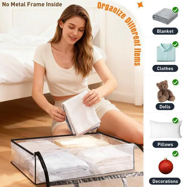 Alt view image 5 of 7 - 4 Packs 60L Clear Under Bed Storage Containers, Large Clothes Storage Bags | Heavy Duty Large Capacity Foldable Moving Bags with Sturdy Handles, Clothing Organizer Totes for Bedding Comforter Sheet
