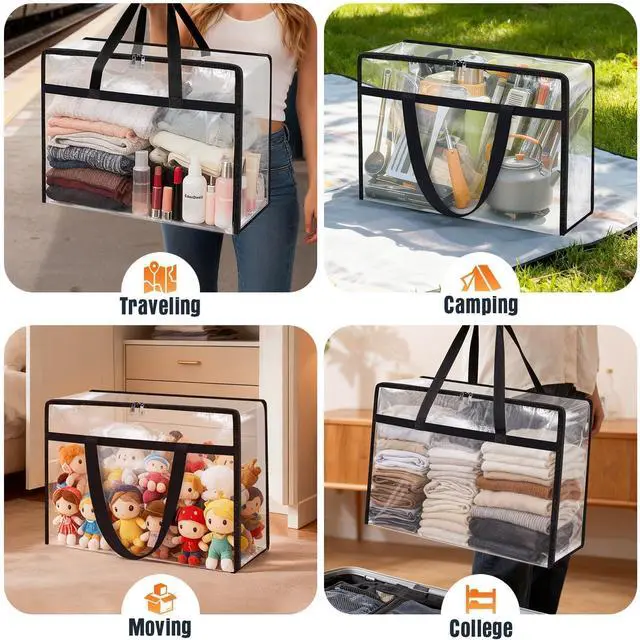 Alt view image 6 of 7 - 4 Packs 60L Clear Under Bed Storage Containers, Large Clothes Storage Bags | Heavy Duty Large Capacity Foldable Moving Bags with Sturdy Handles, Clothing Organizer Totes for Bedding Comforter Sheet