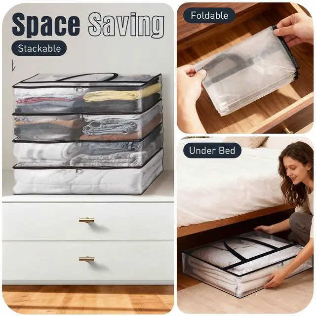 Alt view image 7 of 7 - 4 Packs 60L Clear Under Bed Storage Containers, Large Clothes Storage Bags | Heavy Duty Large Capacity Foldable Moving Bags with Sturdy Handles, Clothing Organizer Totes for Bedding Comforter Sheet