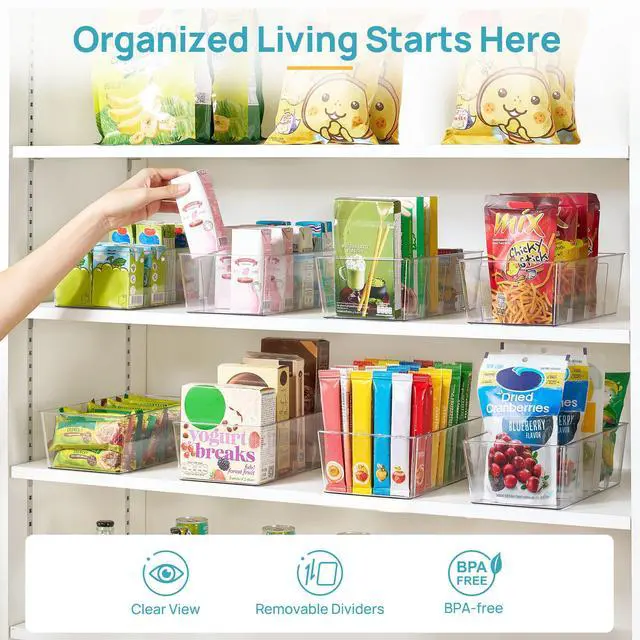 Alt view image 4 of 7 - 4 Pack Food Storage Organizer Bins, Clear Plastic, 4 Compartments | For Pantry, Kitchen, Fridge and Cabinet Organization, Organize Food Packets, Snacks, Pouches and Spice Packets