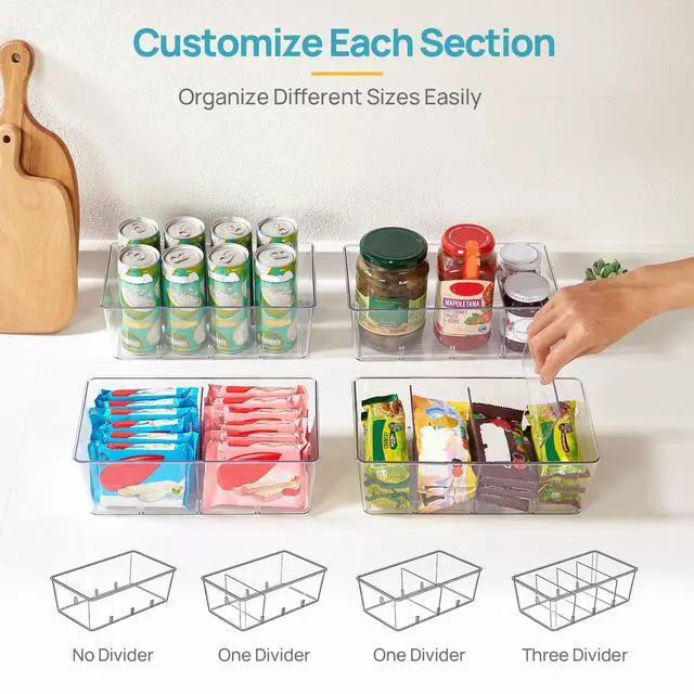 Alt view image 5 of 7 - 4 Pack Food Storage Organizer Bins, Clear Plastic, 4 Compartments | For Pantry, Kitchen, Fridge and Cabinet Organization, Organize Food Packets, Snacks, Pouches and Spice Packets