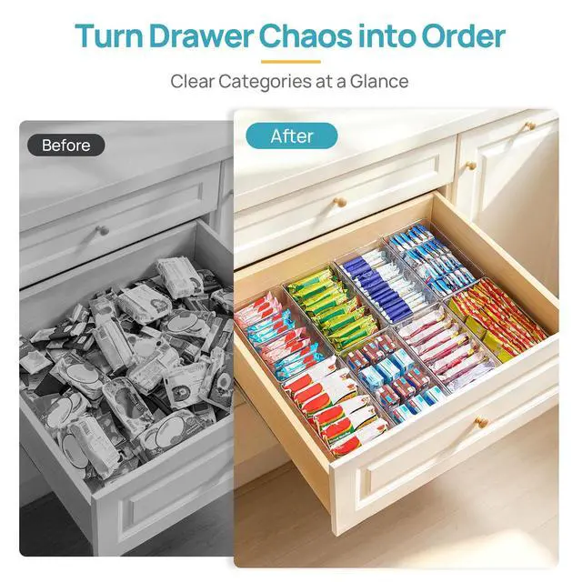 Alt view image 6 of 7 - 4 Pack Food Storage Organizer Bins, Clear Plastic, 4 Compartments | For Pantry, Kitchen, Fridge and Cabinet Organization, Organize Food Packets, Snacks, Pouches and Spice Packets