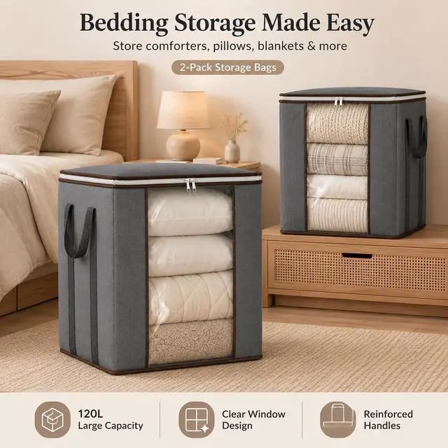 Alt view image 6 of 7 - Comforter Storage Bags 120L for Blanket Clothes Bedding Sheet 2 Pack Grey | Breathable Fabric, Reinforced Handles, for King Comforters Bedding Pillows and Sheets, Closet and Bedroom Storage