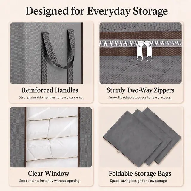 Alt view image 7 of 7 - Comforter Storage Bags 120L for Blanket Clothes Bedding Sheet 2 Pack Grey | Breathable Fabric, Reinforced Handles, for King Comforters Bedding Pillows and Sheets, Closet and Bedroom Storage