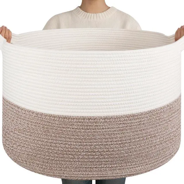 Main image of 90L XXXLarge Blanket Basket for Living Room, 21.7" x 13.8" Woven Cotton Rope Laundry Basket for Organizing Pillows, Decorative Stuffed Animal Toy Storage for Nursery, White and Linen Brown