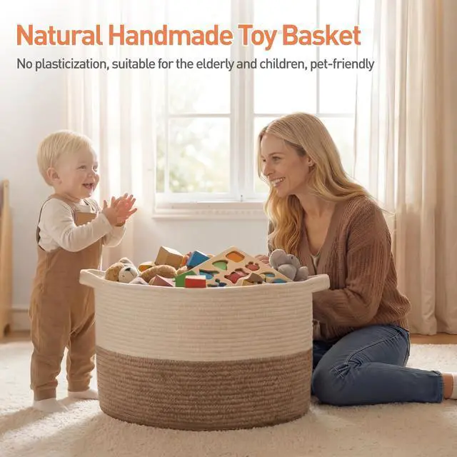 Alt view image 3 of 7 - 90L XXXLarge Blanket Basket for Living Room, 21.7" x 13.8" Woven Cotton Rope Laundry Basket for Organizing Pillows, Decorative Stuffed Animal Toy Storage for Nursery, White and Linen Brown