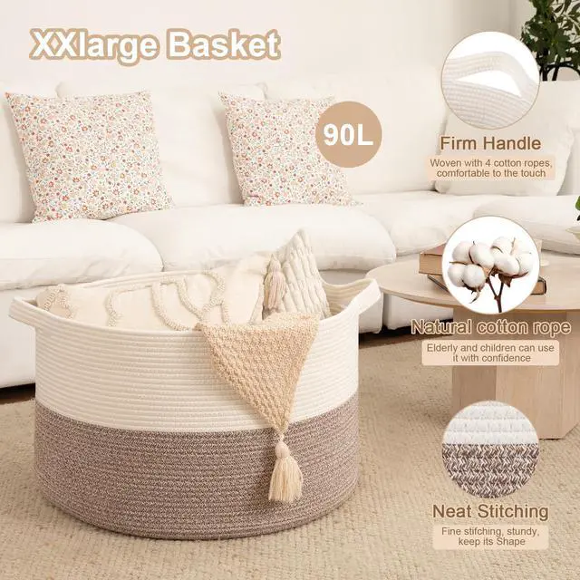 Alt view image 4 of 7 - 90L XXXLarge Blanket Basket for Living Room, 21.7" x 13.8" Woven Cotton Rope Laundry Basket for Organizing Pillows, Decorative Stuffed Animal Toy Storage for Nursery, White and Linen Brown