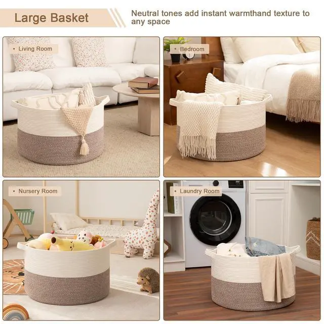 Alt view image 5 of 7 - 90L XXXLarge Blanket Basket for Living Room, 21.7" x 13.8" Woven Cotton Rope Laundry Basket for Organizing Pillows, Decorative Stuffed Animal Toy Storage for Nursery, White and Linen Brown