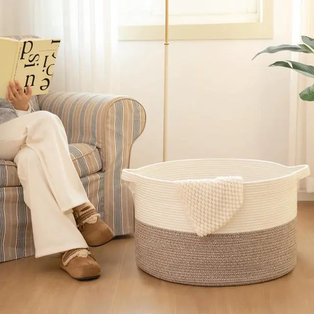 Alt view image 7 of 7 - 90L XXXLarge Blanket Basket for Living Room, 21.7" x 13.8" Woven Cotton Rope Laundry Basket for Organizing Pillows, Decorative Stuffed Animal Toy Storage for Nursery, White and Linen Brown