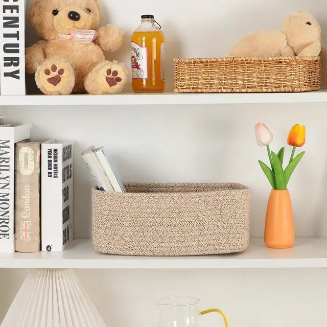Alt view image 6 of 7 - Small Storage Baskets for Organizing | Closet Organizer Bins | Shelf Toy Basket | Woven Rope Baskets | Cube Decorative Box | Shallow Basket | L11.5xW7.5xH4.7| Brown