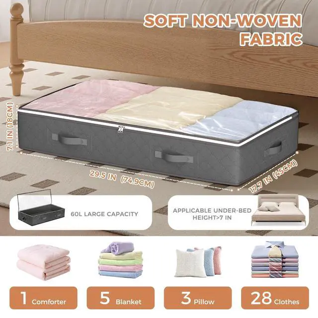 Alt view image 3 of 6 - Under Bed Storage Containers, Storage Bins with Clear Lids | Underbed Storage Bags for Blankets, Towels, Comforter, Sweaters, Linen Sheets, Wrapping Paper