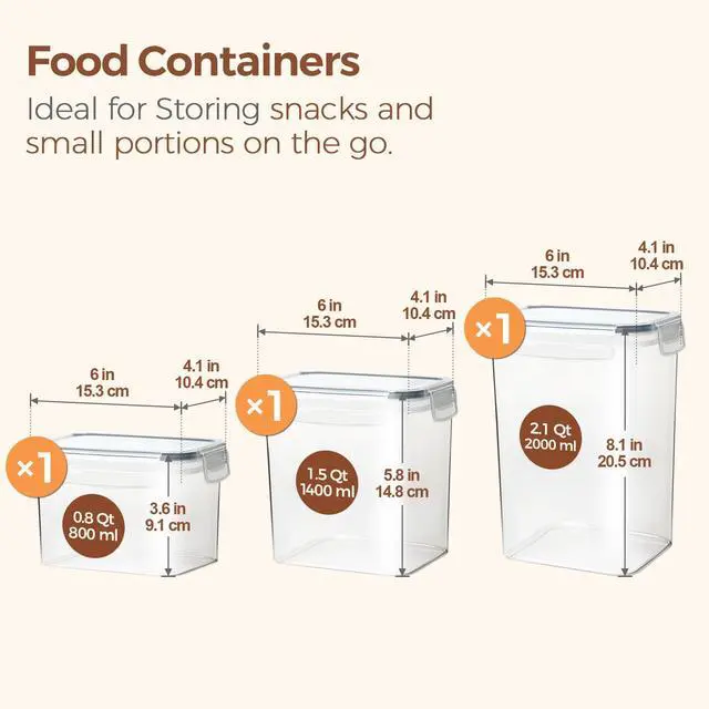 Alt view image 2 of 7 - Airtight Food Storage Containers with Lids 0.8/1.5/2.1Qt 3Pack | Plastic Canister, Flour Sugar Cereal Pasta Rice Oats Coffee Snacks, Pantry Kitchen, Label, Scoop, Stackable, BPA-free, Clear