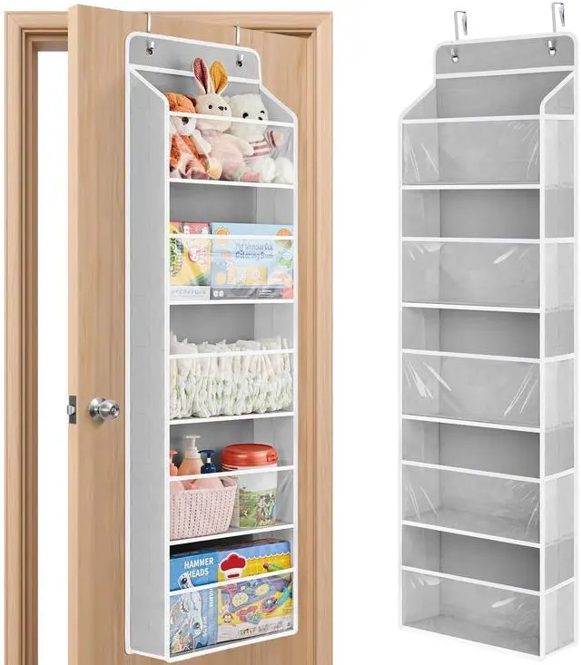 Main image of Over The Door Toy Storage Organizer w/Clear Window, Light Grey | Anti-Tilt 44 lb Load Capacity, Baby Toy Storage Organizer for Stuffed Animals, Nursery, Kid Bedroom, Newborn Baby Essentials