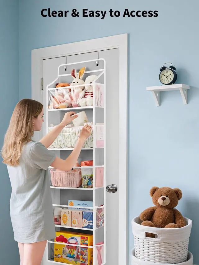Alt view image 3 of 7 - Over The Door Toy Storage Organizer w/Clear Window, Light Grey | Anti-Tilt 44 lb Load Capacity, Baby Toy Storage Organizer for Stuffed Animals, Nursery, Kid Bedroom, Newborn Baby Essentials