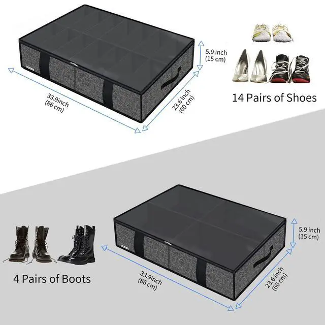 Alt view image 2 of 7 - 2 Pack Under Bed Shoes Storage Bag Organizer (14+4 Pairs), Collapsible Shoe Boot Container with Handles, Underbed Storage Solution for Kids & Adults, 86x60x15cm, Linen-like Black, MXAUBS14S4
