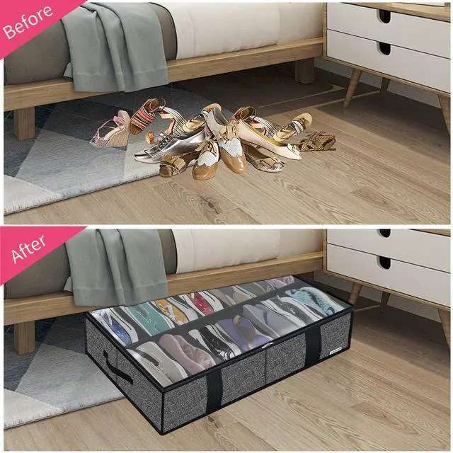 Alt view image 3 of 7 - 2 Pack Under Bed Shoes Storage Bag Organizer (14+4 Pairs), Collapsible Shoe Boot Container with Handles, Underbed Storage Solution for Kids & Adults, 86x60x15cm, Linen-like Black, MXAUBS14S4