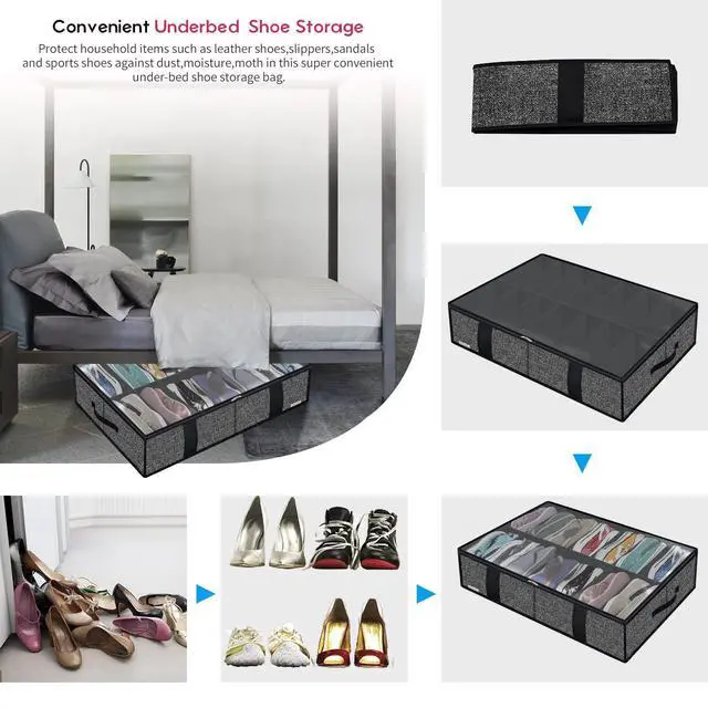 Alt view image 6 of 7 - 2 Pack Under Bed Shoes Storage Bag Organizer (14+4 Pairs), Collapsible Shoe Boot Container with Handles, Underbed Storage Solution for Kids & Adults, 86x60x15cm, Linen-like Black, MXAUBS14S4