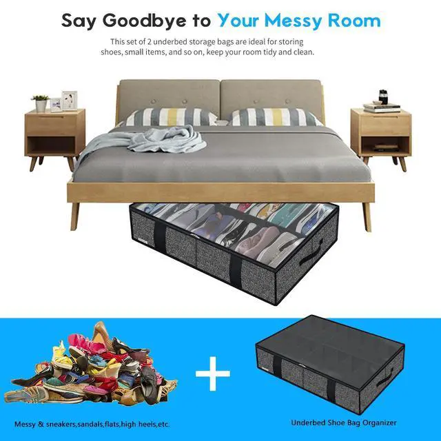 Alt view image 7 of 7 - 2 Pack Under Bed Shoes Storage Bag Organizer (14+4 Pairs), Collapsible Shoe Boot Container with Handles, Underbed Storage Solution for Kids & Adults, 86x60x15cm, Linen-like Black, MXAUBS14S4