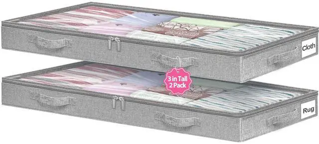 Main image of 3-in Low Profile Under Bed Storage, No Structure, 2-Pack, Gray | 3" Ultra-Slim, Clear Lid, Reinfoced Handles & Smooth Zips, Dustproof & Waterproof, for Low Bed, Couch, Crib Storage