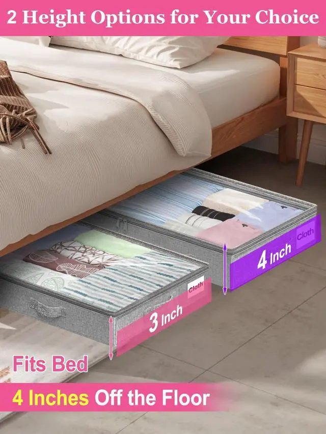 Alt view image 2 of 7 - 3-in Low Profile Under Bed Storage, No Structure, 2-Pack, Gray | 3" Ultra-Slim, Clear Lid, Reinfoced Handles & Smooth Zips, Dustproof & Waterproof, for Low Bed, Couch, Crib Storage