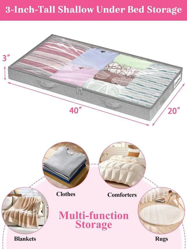 Alt view image 3 of 7 - 3-in Low Profile Under Bed Storage, No Structure, 2-Pack, Gray | 3" Ultra-Slim, Clear Lid, Reinfoced Handles & Smooth Zips, Dustproof & Waterproof, for Low Bed, Couch, Crib Storage