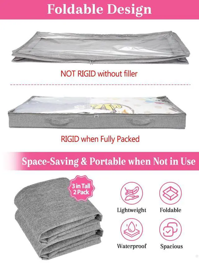 Alt view image 4 of 7 - 3-in Low Profile Under Bed Storage, No Structure, 2-Pack, Gray | 3" Ultra-Slim, Clear Lid, Reinfoced Handles & Smooth Zips, Dustproof & Waterproof, for Low Bed, Couch, Crib Storage