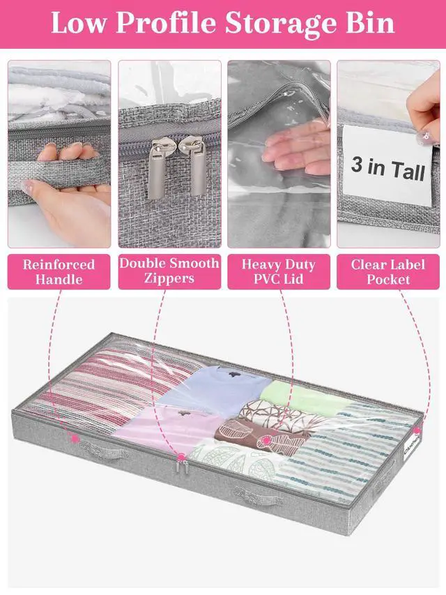 Alt view image 6 of 7 - 3-in Low Profile Under Bed Storage, No Structure, 2-Pack, Gray | 3" Ultra-Slim, Clear Lid, Reinfoced Handles & Smooth Zips, Dustproof & Waterproof, for Low Bed, Couch, Crib Storage