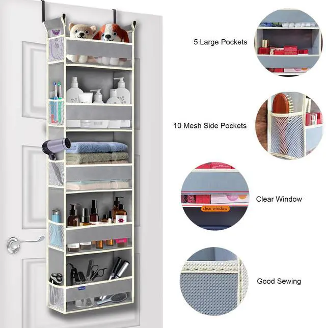 Alt view image 3 of 7 - Over The Door Organizer 5-Shelves and 10 Side Pockets, Over The Door Storage for Bathroom Bedroom Nursery, Hanging Door Organizer for Baby Diapers and Kids Toys (13"x5"x44", Grey)