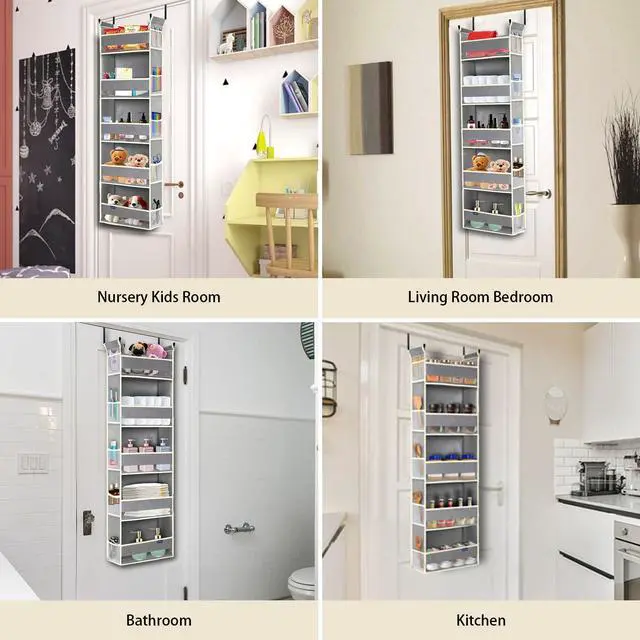 Alt view image 5 of 7 - Over The Door Organizer 5-Shelves and 10 Side Pockets, Over The Door Storage for Bathroom Bedroom Nursery, Hanging Door Organizer for Baby Diapers and Kids Toys (13"x5"x44", Grey)
