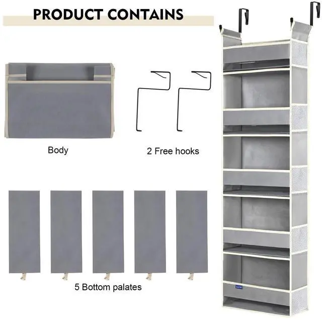 Alt view image 7 of 7 - Over The Door Organizer 5-Shelves and 10 Side Pockets, Over The Door Storage for Bathroom Bedroom Nursery, Hanging Door Organizer for Baby Diapers and Kids Toys (13"x5"x44", Grey)