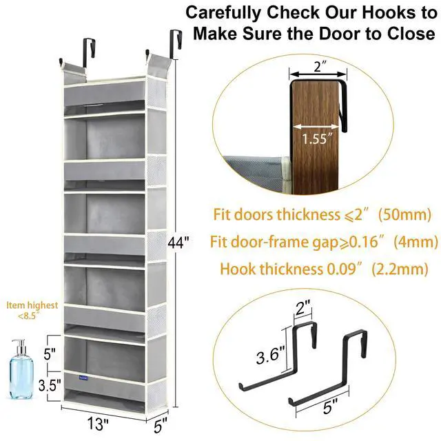 Alt view image 4 of 7 - Over The Door Organizer 5-Shelves and 10 Side Pockets, Over The Door Storage for Bathroom Bedroom Nursery, Hanging Door Organizer for Baby Diapers and Kids Toys (13"x5"x44", Grey)