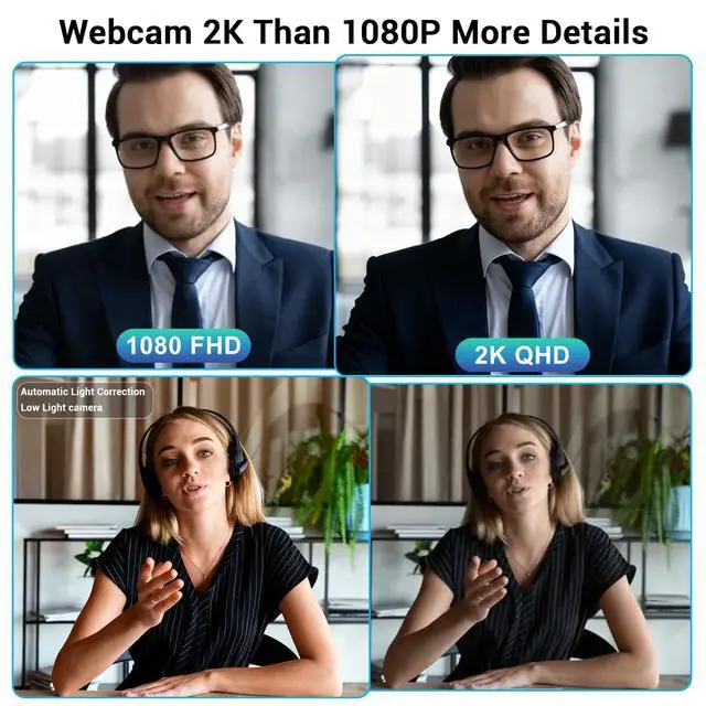 Alt view image 5 of 7 - Hprosper 2K Webcam with Microphone, Automatic Light Correction & Privacy Cover, Wide Angle USB Camera for PC, Laptop, Mac, Zoom, Gaming, Streaming, Conference Room, Video Conferencing