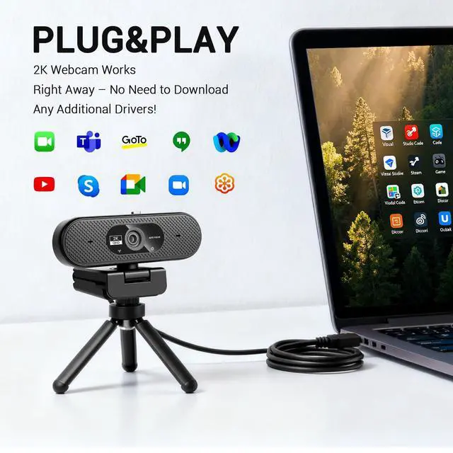 Alt view image 6 of 7 - Hprosper 2K Webcam with Microphone, Automatic Light Correction & Privacy Cover, Wide Angle USB Camera for PC, Laptop, Mac, Zoom, Gaming, Streaming, Conference Room, Video Conferencing