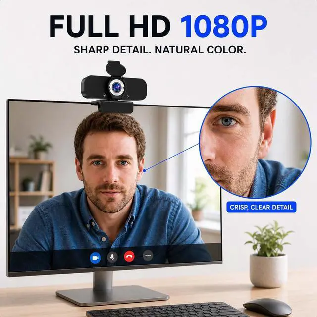 Alt view image 2 of 7 - Webcam for Computer, USB Plug&Play, Auto Low Light Correction, Privacy Cover, Tripod, Wide Angle for Meeting/Online Video/Zoom, Web Cam with Microphone (1080p)