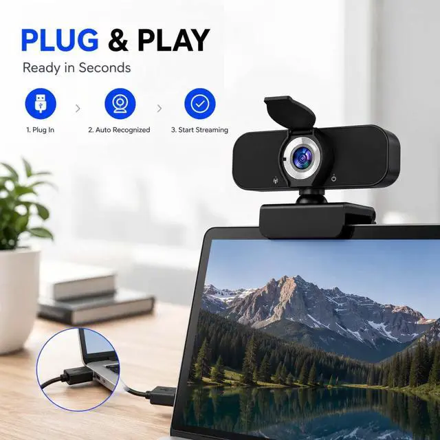 Alt view image 3 of 7 - Webcam for Computer, USB Plug&Play, Auto Low Light Correction, Privacy Cover, Tripod, Wide Angle for Meeting/Online Video/Zoom, Web Cam with Microphone (1080p)
