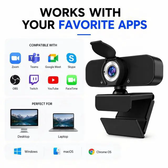 Alt view image 7 of 7 - Webcam for Computer, USB Plug&Play, Auto Low Light Correction, Privacy Cover, Tripod, Wide Angle for Meeting/Online Video/Zoom, Web Cam with Microphone (1080p)