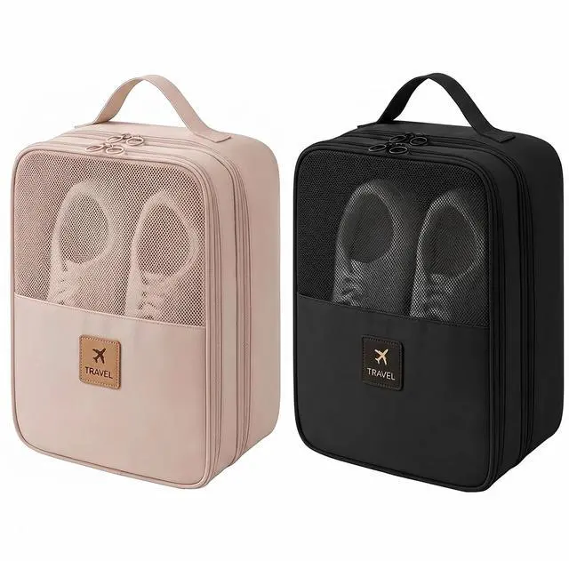 Main image of 2 Pack Travel Shoe Bag for 3 Pairs, Waterproof Shoe Organizer, Portable | Fits All Footwear, 3Layer Compartment, Handle & Strap, Resistant Multi-Purpose Storage Bag, Black & Beige