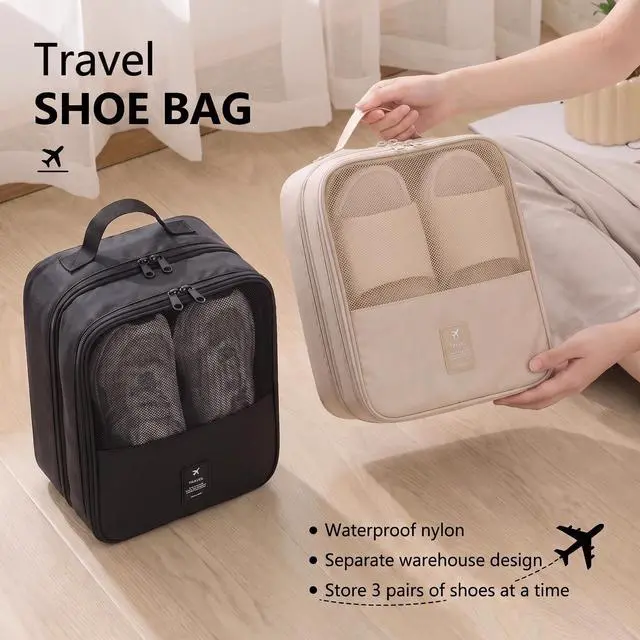 Alt view image 2 of 7 - 2 Pack Travel Shoe Bag for 3 Pairs, Waterproof Shoe Organizer, Portable | Fits All Footwear, 3Layer Compartment, Handle & Strap, Resistant Multi-Purpose Storage Bag, Black & Beige