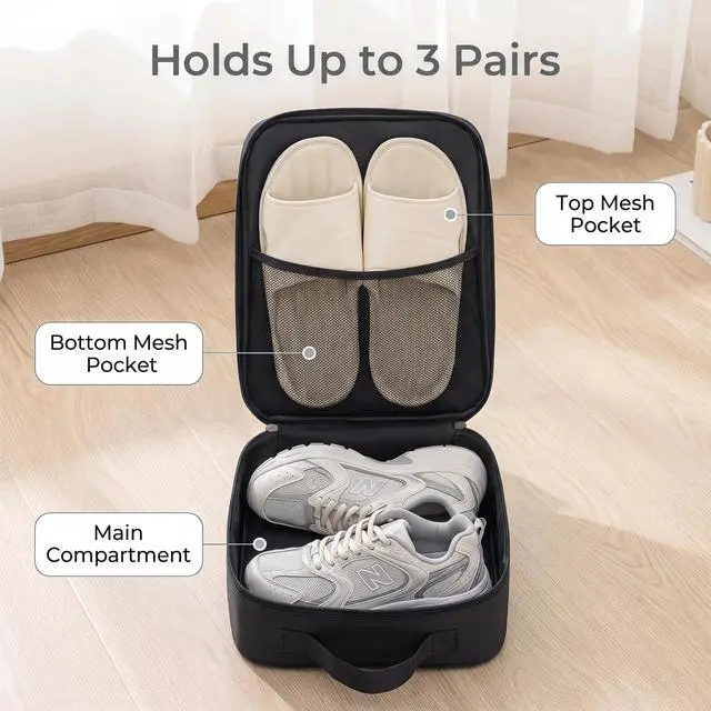 Alt view image 4 of 7 - 2 Pack Travel Shoe Bag for 3 Pairs, Waterproof Shoe Organizer, Portable | Fits All Footwear, 3Layer Compartment, Handle & Strap, Resistant Multi-Purpose Storage Bag, Black & Beige