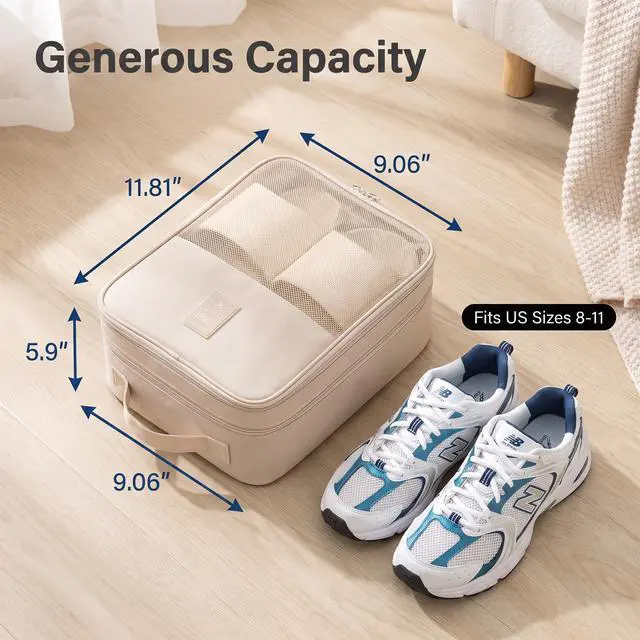 Alt view image 6 of 7 - 2 Pack Travel Shoe Bag for 3 Pairs, Waterproof Shoe Organizer, Portable | Fits All Footwear, 3Layer Compartment, Handle & Strap, Resistant Multi-Purpose Storage Bag, Black & Beige