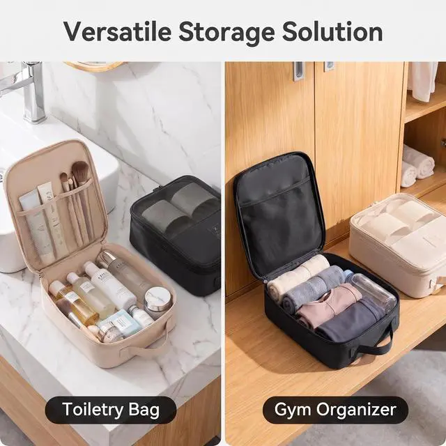 Alt view image 5 of 7 - 2 Pack Travel Shoe Bag for 3 Pairs, Waterproof Shoe Organizer, Portable | Fits All Footwear, 3Layer Compartment, Handle & Strap, Resistant Multi-Purpose Storage Bag, Black & Beige