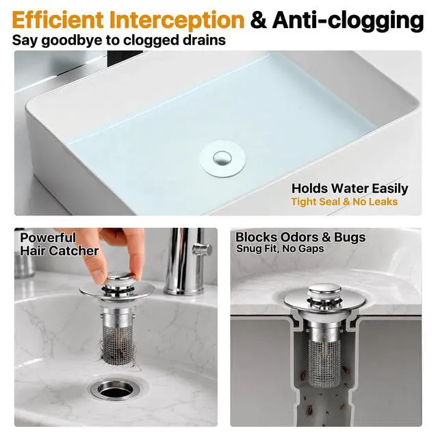 Alt view image 2 of 7 - 2PCS Bathroom Sink Stopper Hair Catcher, Pop Up Sink Drain Stopper with Strainer & Filter, Universal Drain Plug for Sink Drain & Replacement, Sink Drain Cover with Basket for Bathroom Stopper