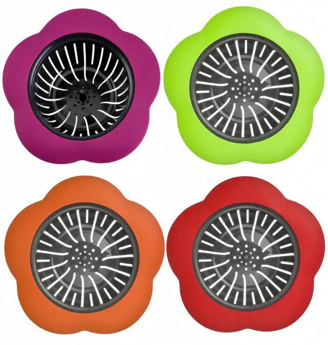 Main image of Silicone Sink Drain Strainer, 4 Pack | Fast Drainage, Catches Food Scraps, Easy Cleaning, Flexible Design, Fits Most Drains, Bright Colors