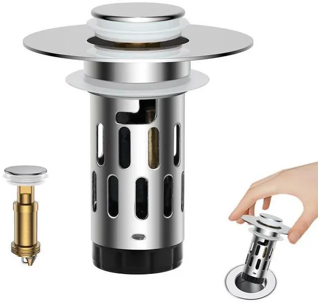 Main image of 3-in-1 Sink Stopper Pop Up Drain Plug, Stainless Steel Hair Catcher