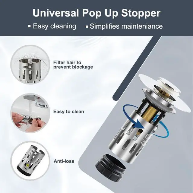 Alt view image 2 of 7 - 3-in-1 Sink Stopper Pop Up Drain Plug, Stainless Steel Hair Catcher