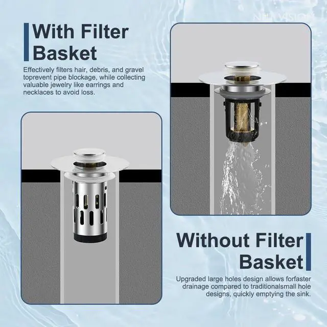 Alt view image 5 of 7 - 3-in-1 Sink Stopper Pop Up Drain Plug, Stainless Steel Hair Catcher